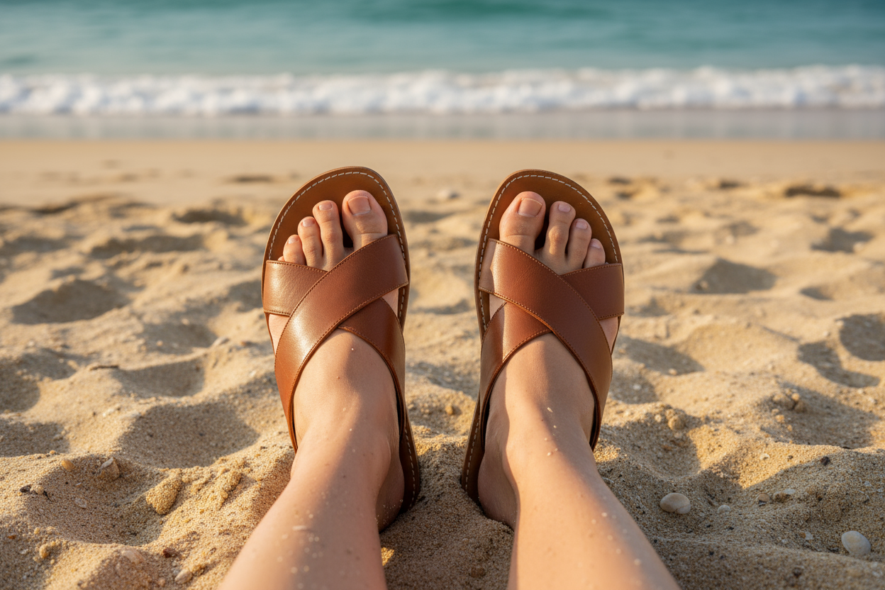 A nice pair of sandals being looked at from above. The sandals lay nicely on the beach being worn by someone. You can see the feet. The main focus are the leather sandals, which seem comfortable and classy
