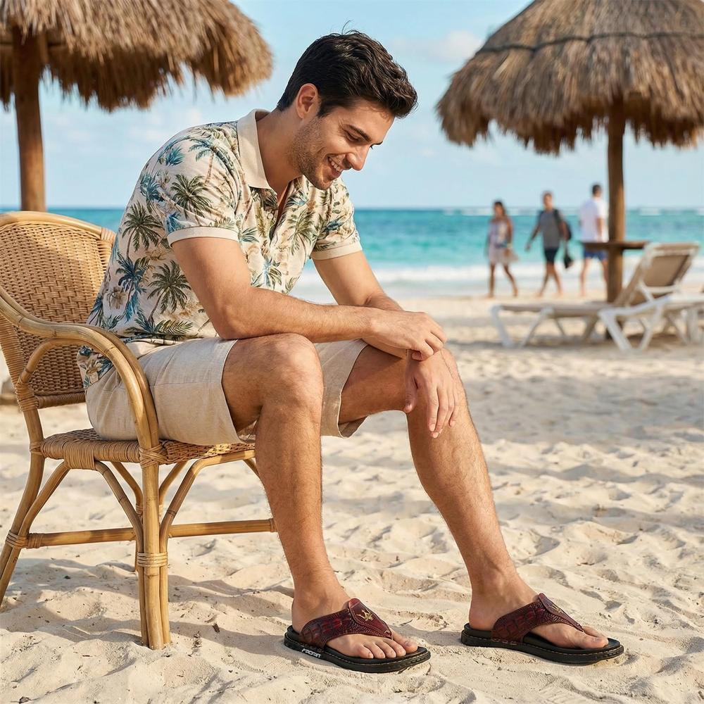 Crocodile Pattern Mens Flip Flops - Stylish Leather Footwear