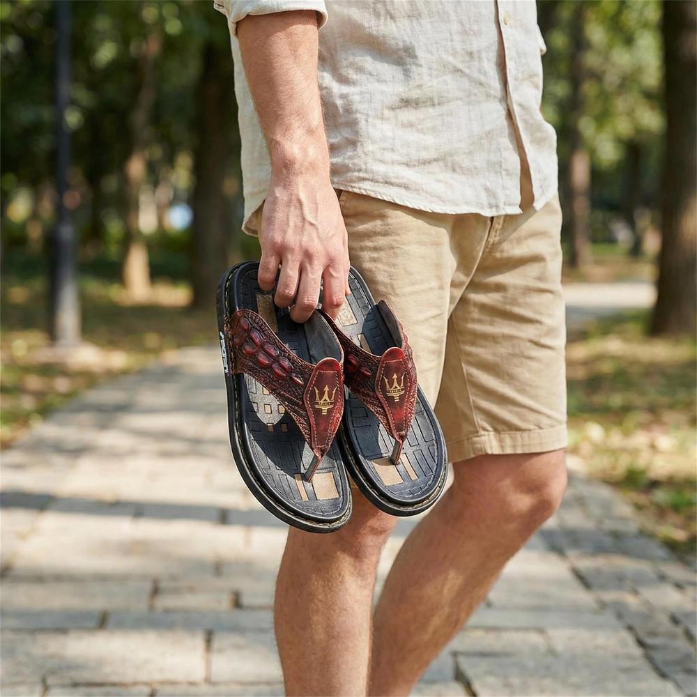 Crocodile Pattern Mens Flip Flops - Stylish Leather Footwear