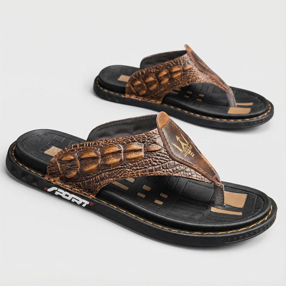 Crocodile Pattern Mens Flip Flops - Stylish Leather Footwear