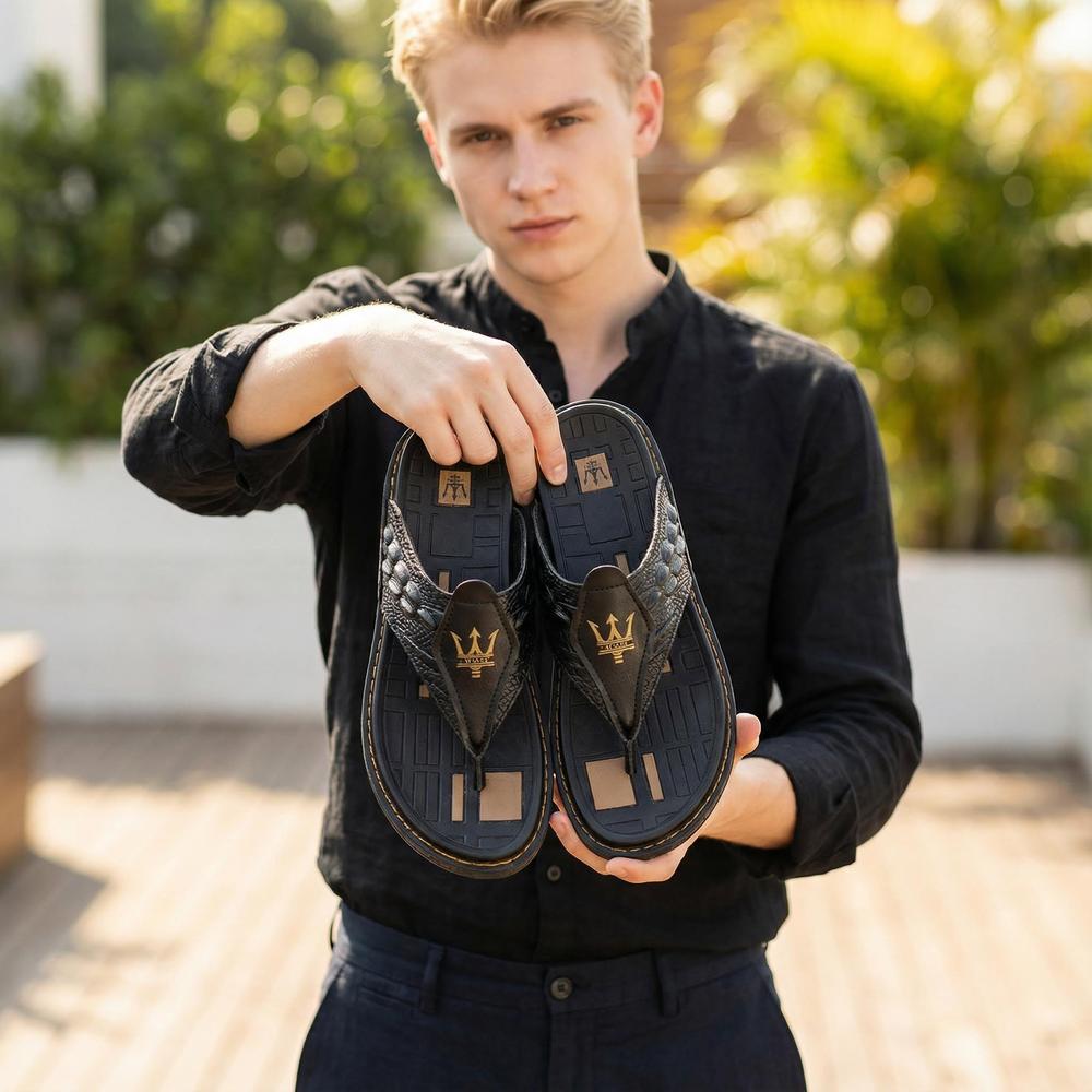 Crocodile Pattern Mens Flip Flops - Stylish Leather Footwear