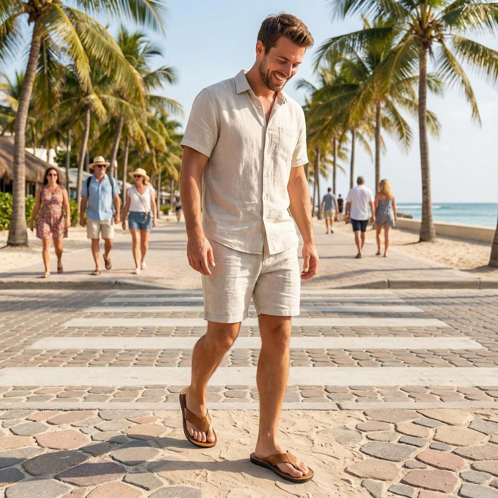 Men's Leather Flip Flops - Casual Non-Slip Sandals