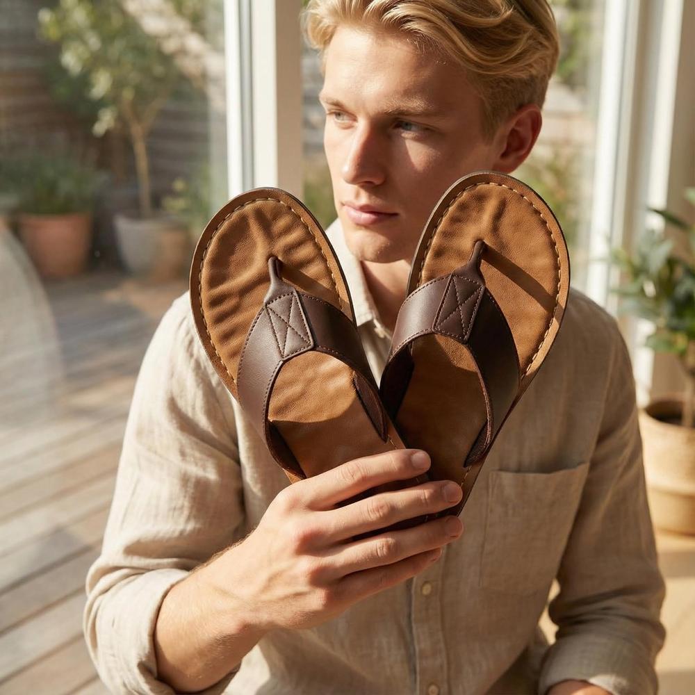 Men's Leather Flip Flops - Casual Non-Slip Sandals