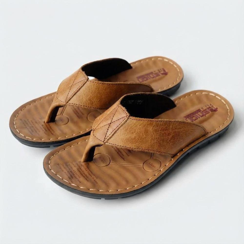 Men's Leather Flip Flops - Casual Non-Slip Sandals